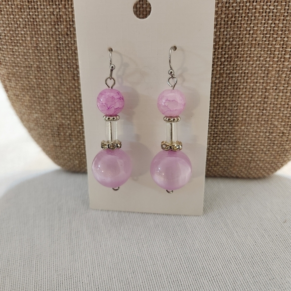 Hand Crafted Pink Beaded Pierced Earrings Dangle Crystal Silver Accents - Picture 4 of 5